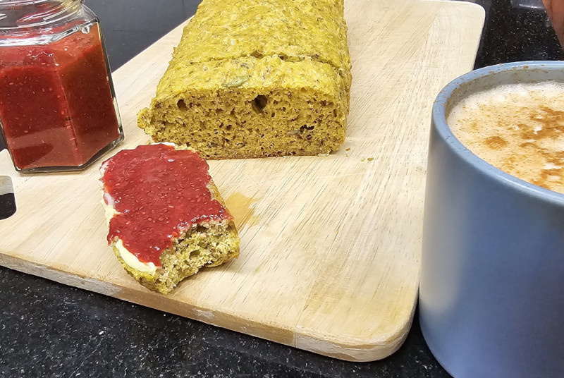 Homemade Low-Carb Healthy Easy Keto Bread with Homemade Low-Carb Strawberry Jam and Keto Coffee